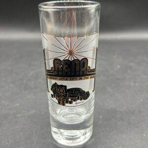 Reno Nevada Tall Shot Glass Casino Theme Black Gold Clear Glass 4"
